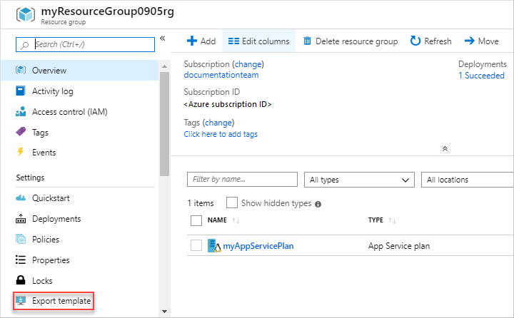 Screenshot: Option „Vorlage exportieren“ im Azure-Portal