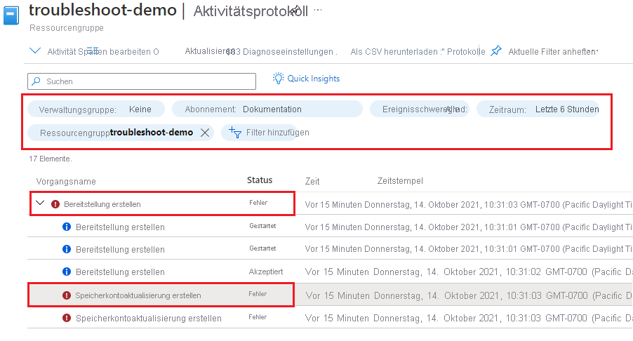 Screenshot des Aktivitätsprotokolls der Ressourcengruppe, das eine fehlgeschlagene Bereitstellung hervorhebt.