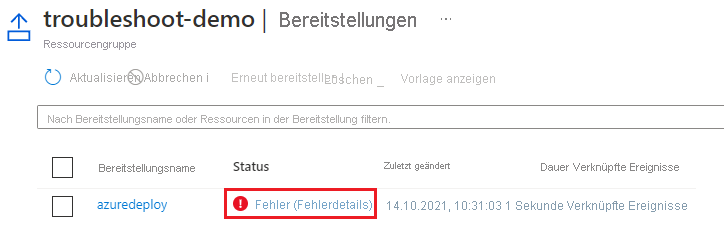 Screenshot: Link einer Ressourcengruppe zu Fehlerdetails für eine fehlerhafte Bereitstellung.