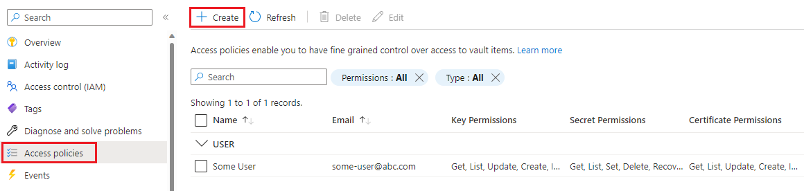Screenshot der Key Vault-Seite „Zugriffsrichtlinie“.