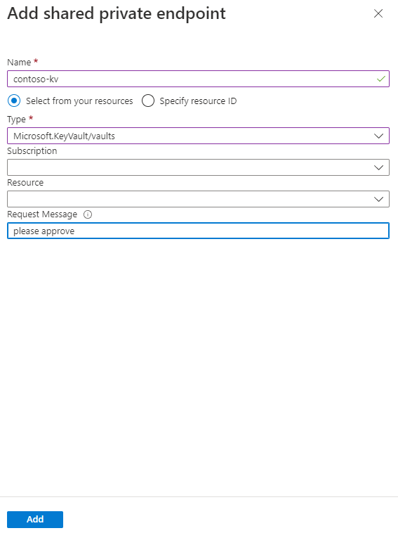 Screenshot of adding a shared private endpoint.