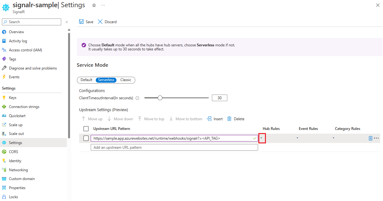 Screenshot: Azure SignalR Service-Einstellungen zum Hinzufügen eines Upstream-URL-Musters