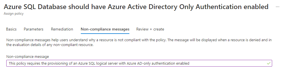 Screenshot der Meldung über die Nichteinhaltung von Azure-Richtlinien bei reiner Azure AD-Authentifizierung.