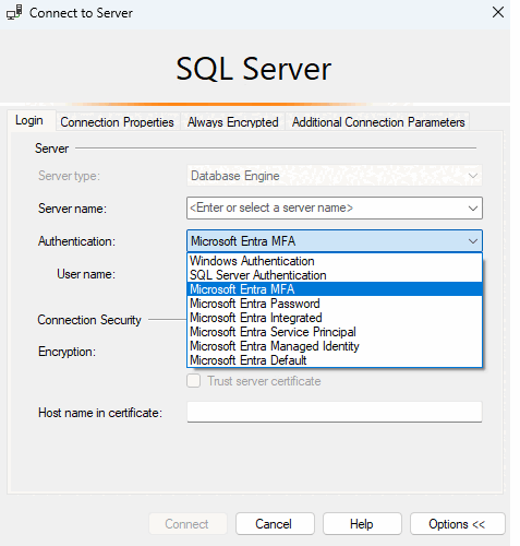 Screenshot des Dialogfelds „Mit Server verbinden“ in SSMS. Im Dropdownlisten-Fenster für die Authentifizierung wird „Microsoft Entra MFA“ ausgewählt.