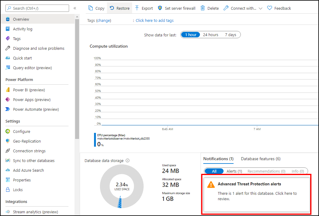 Advanced Threat Protection-Warnungen in der Datenbankübersicht