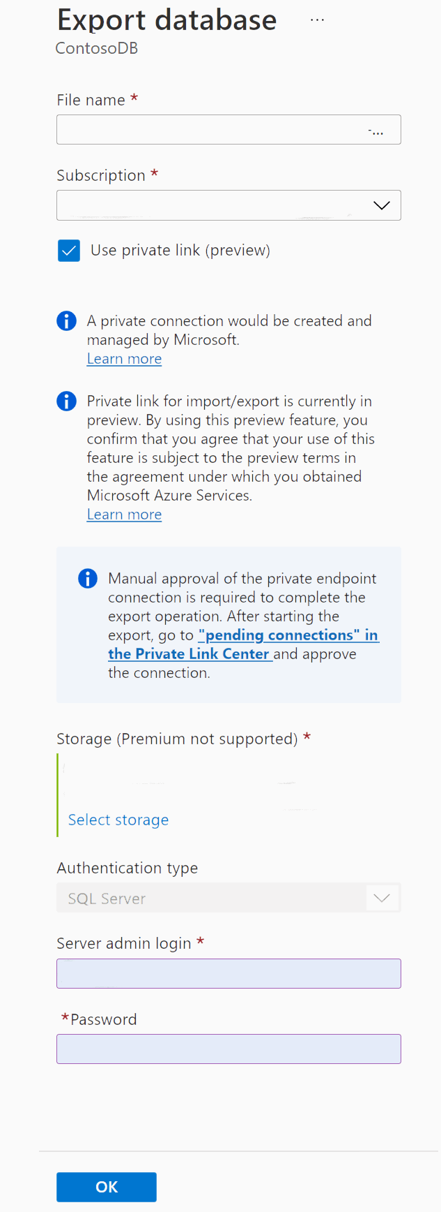 Screenshot des Azure-Portal, der zeigt, wie Sie den Export mit Privaten Link aktivieren