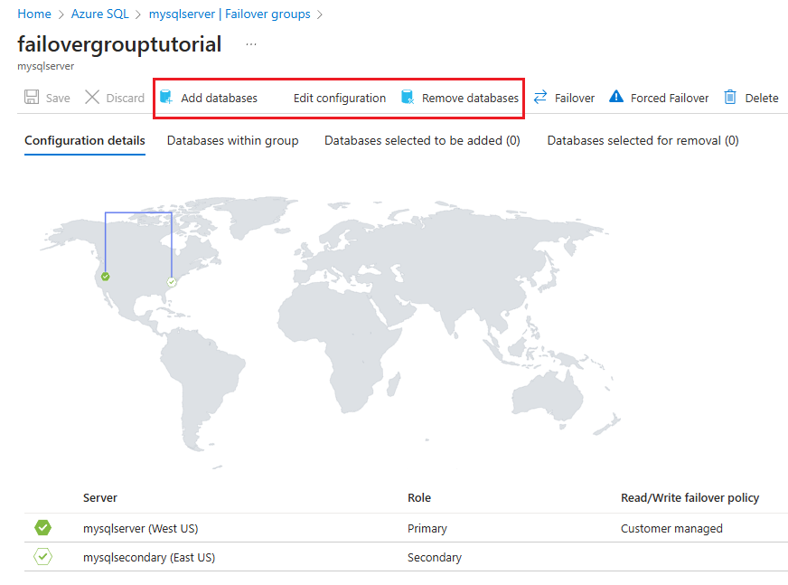 Screenshot der Seite der Failovergruppe im Azure-Portal, wobei die Befehlsleiste hervorgehoben ist.