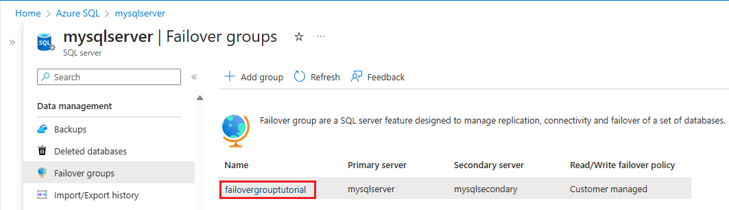 Der Screenshot zeigt Failovergruppen, aus denen Sie eine Failovergruppe für Ihren SQL Server auswählen können.