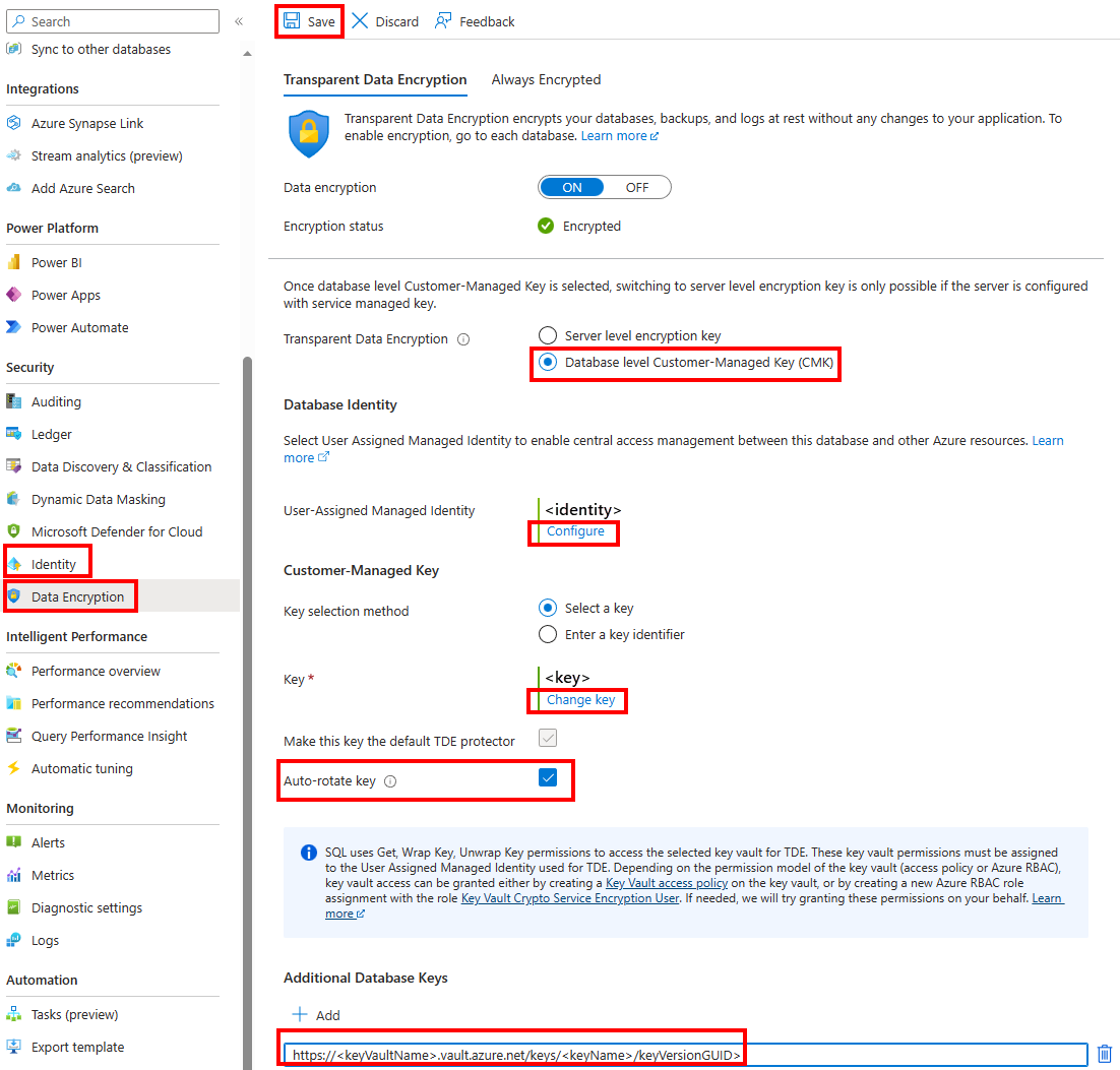 Screenshot: Menü „Transparente Datenverschlüsselung“ im Azure-Portal beim Aktualisieren einer vorhandenen Datenbank.