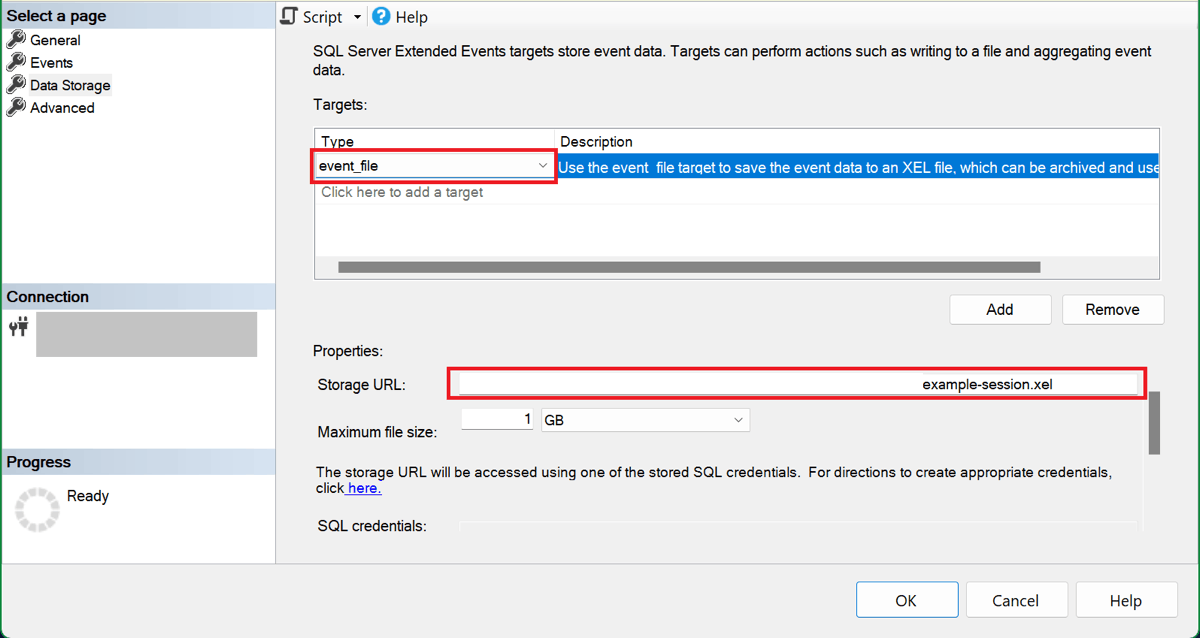 Screenshot des Dialogfelds „Neue Sitzungs-SSMS“ mit der Seite „Datenspeicherauswahl“ mit ausgewähltem event_file Ziel und einer eingegebenen Speicher-URL.