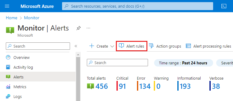 Screenshot der Seite „Warnungen“ im Azure-Portal mit hervorgehobener Schaltfläche „Warnungsregeln“