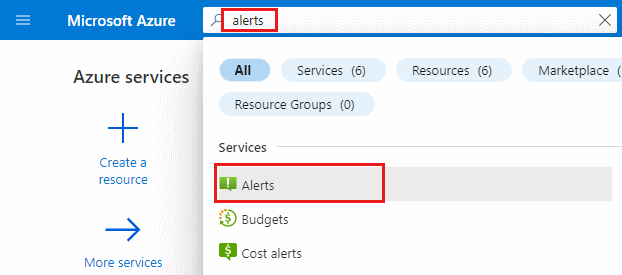 Screenshot des Suchfelds im Azure-Portal. Der Suchbegriff „Warnungen“ und der Dienst „Warnungen“ werden in den Suchergebnissen hervorgehoben.