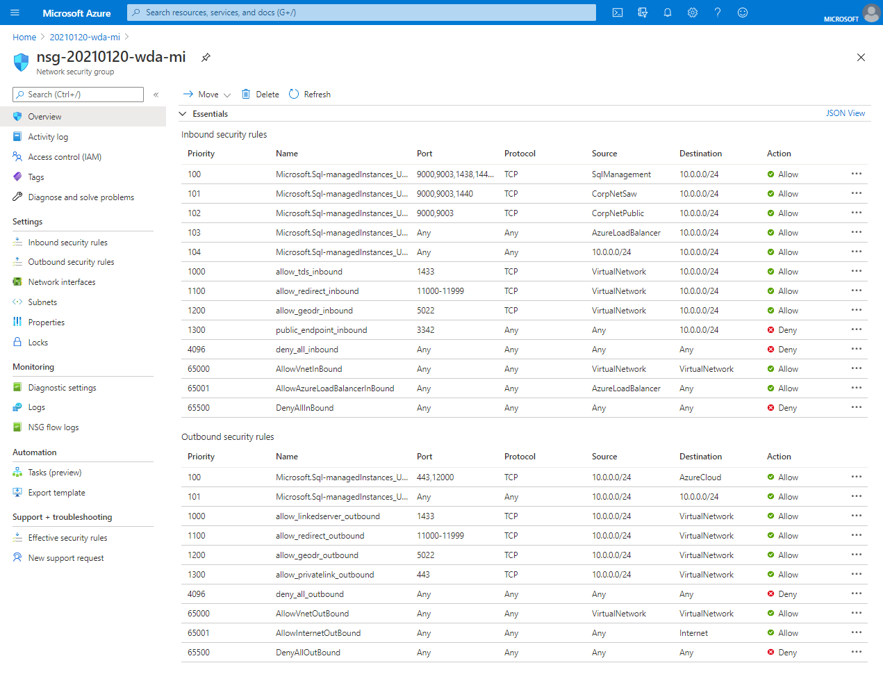 Screenshot der Sicherheitsregeln für Ihre Instanz im Azure-Portal.