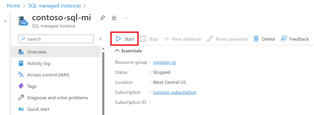 Screenshot der Seite „Übersicht“ für eine verwaltete Instanz im Azure-Portal mit hervorgehobener Schaltfläche „Starten“.