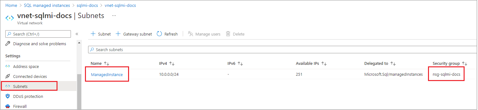Screenshot: Registerkarte „Subnetz“ zum Abrufen der Sicherheitsgruppe für die verwaltete Instanz