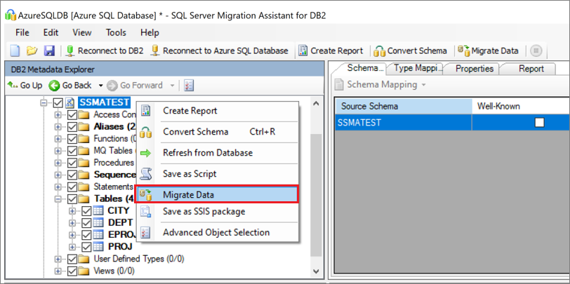 Screenshot, der die Auswahl des Schemas und die Auswahl der Datenmigration zeigt.