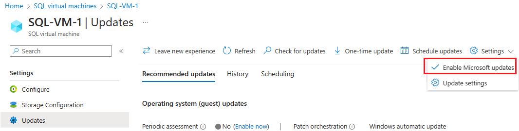 Screenshot der Seite „Updates“ der Ressource für virtuelle SQL-Maschinen im Azure-Portal mit hervorgehobener Option „Microsoft-Updates aktivieren“.