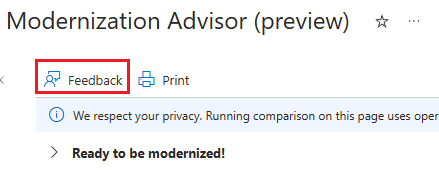 Screenshot highlighting the feedback button on the Modernization Advisor page in the Azure portal.