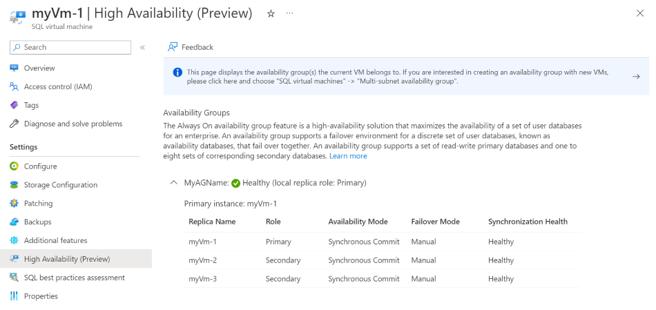 Screenshot der SQL-VM-Ressource im Azure-Portal, der zeigt, wo Sie den Status Ihrer Verfügbarkeitsgruppe auf der Seite „Hochverfügbarkeit“ überprüfen können