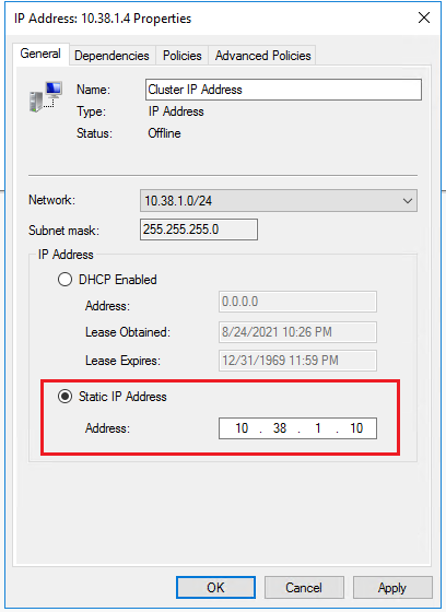 Wählen Sie **Statische IP-Adresse** aus, und aktualisieren Sie die IP-Adresse auf die dedizierte Windows-Cluster-IP-Adresse in dem Subnetz, das Sie auch der SQL Server-VM aus dem Vorbereitungsartikel zugewiesen haben.