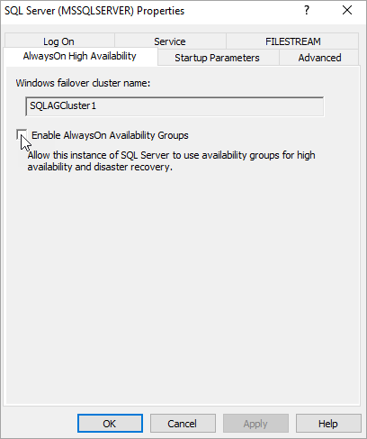 Screenshot: Auswahlmöglichkeiten zum Aktivieren von Always On-Verfügbarkeitsgruppen in den SQL Server-Eigenschaften