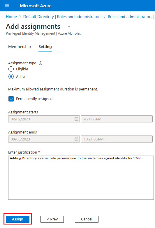 Screenshot der Einstellungen für „Zuweisung hinzufügen“ im Azure-Portal