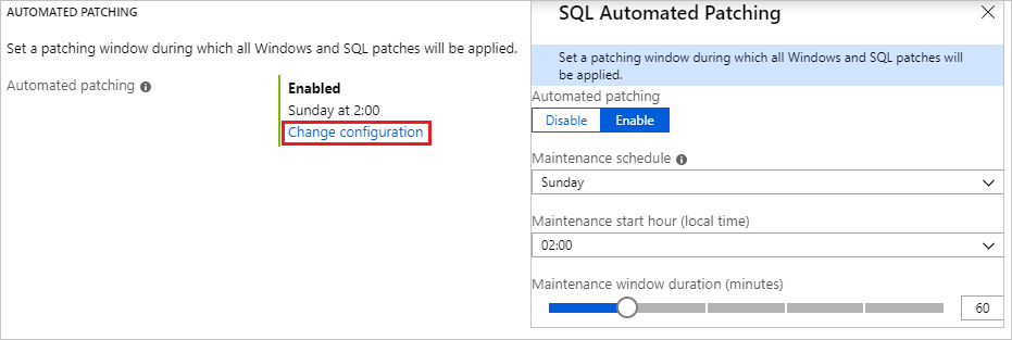 Screenshot des automatisierten Patchens für SQL-VMs im Azure-Portal.