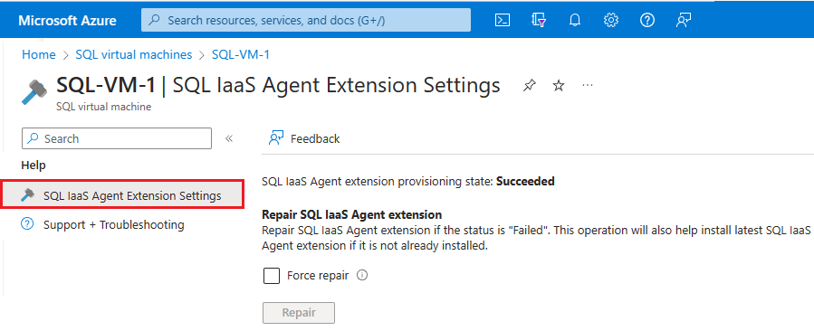 Screenshot der Seite mit den SQL-IaaS-Agent-Erweiterungseinstellungen der SQL-VM-Erweiterung im Azure-Portal, der zeigt, wo die Erweiterung repariert werden soll.