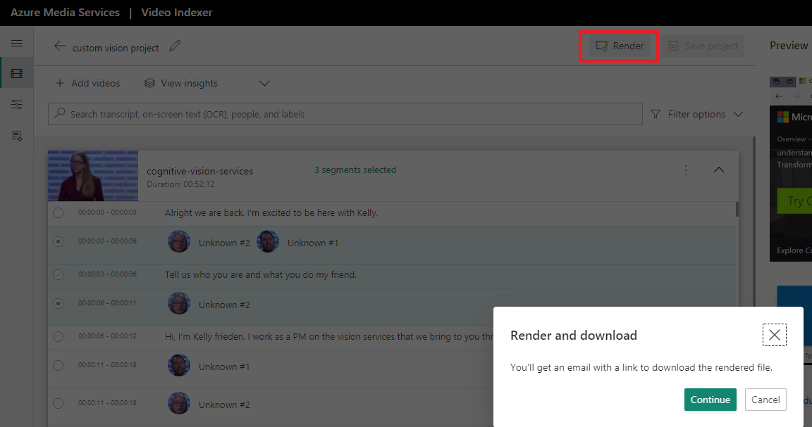 Screenshot: Azure AI Video Indexer mit der Option zum Rendern und Herunterladen Ihres Projekts
