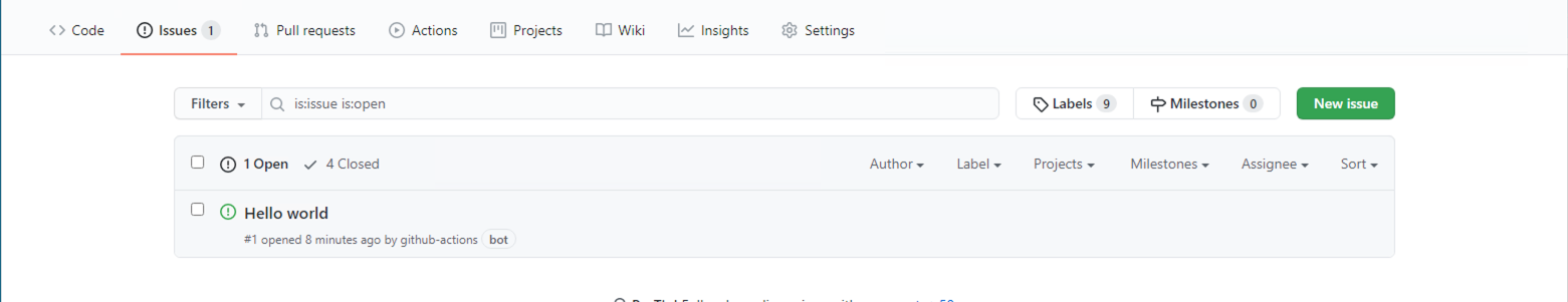 Screenshot: durch github-actions erstelltes Hello World-Issue in GitHub