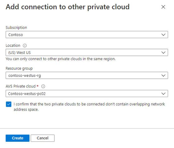 Screenshot: Erforderliche Informationen zum Herstellen einer Verbindung mit einer anderen privaten Cloud