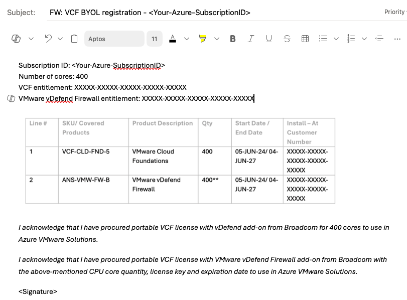 Screenshot der Beispiel-E-Mail zum Registrieren einer portierbaren VCF-Lizenz mit VMware vDefend Firewall-Lizenzen.