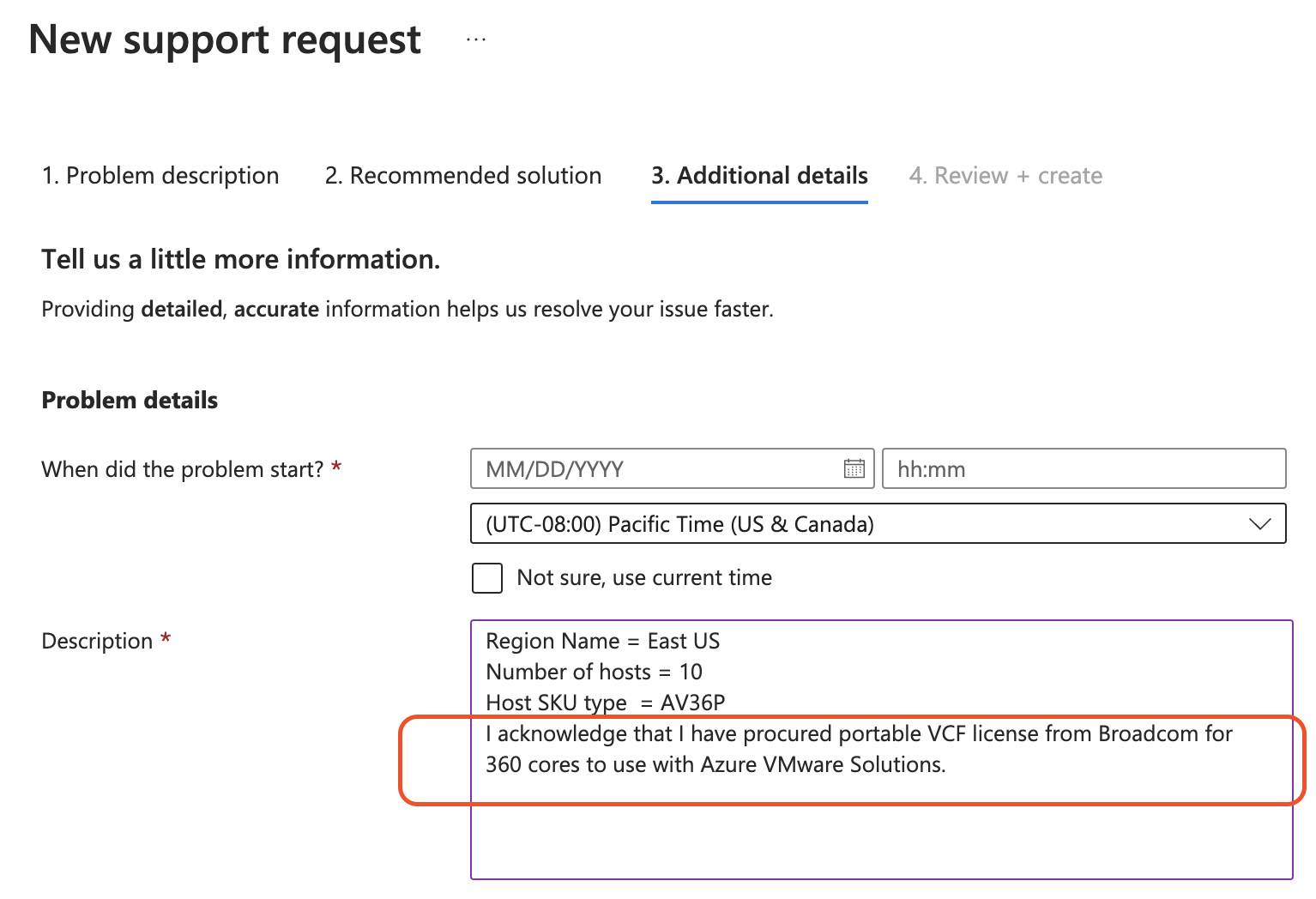 Screenshot: Beschreibung für die Kontingentanforderung für das VCF-Abonnementportabilitätsangebot zu Azure VMware Solution