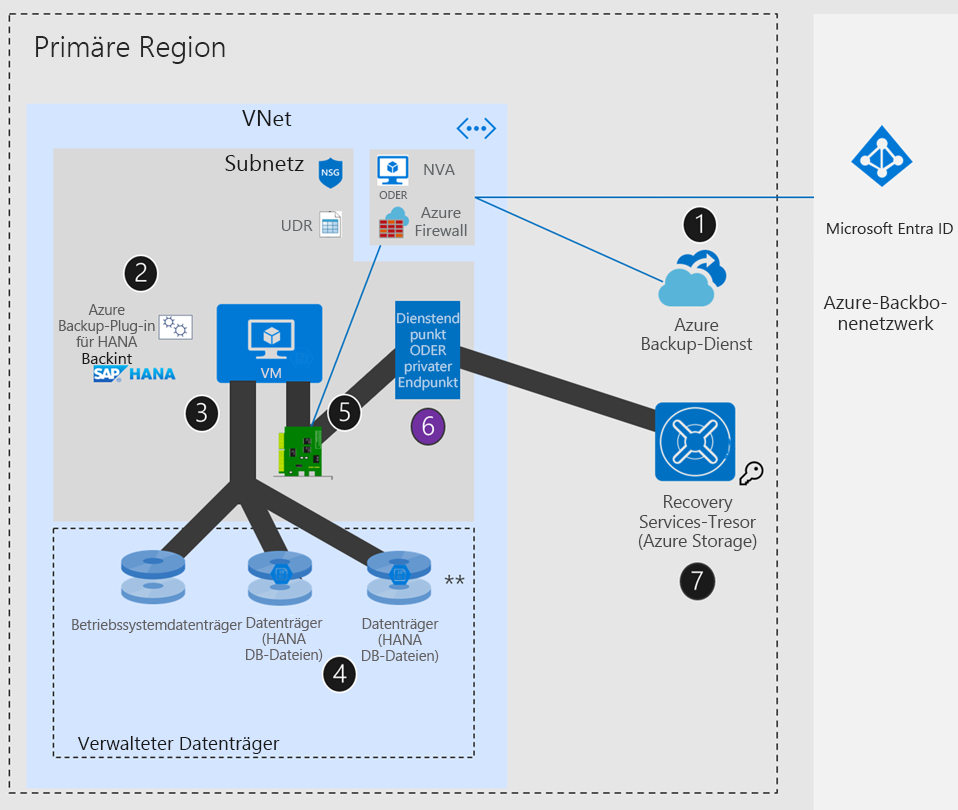 Diagramm des SAP HANA-Setups mit Azure-Netzwerk mit UDR und NVA/Azure Firewall und privatem Endpunkt oder Dienstendpunkt.