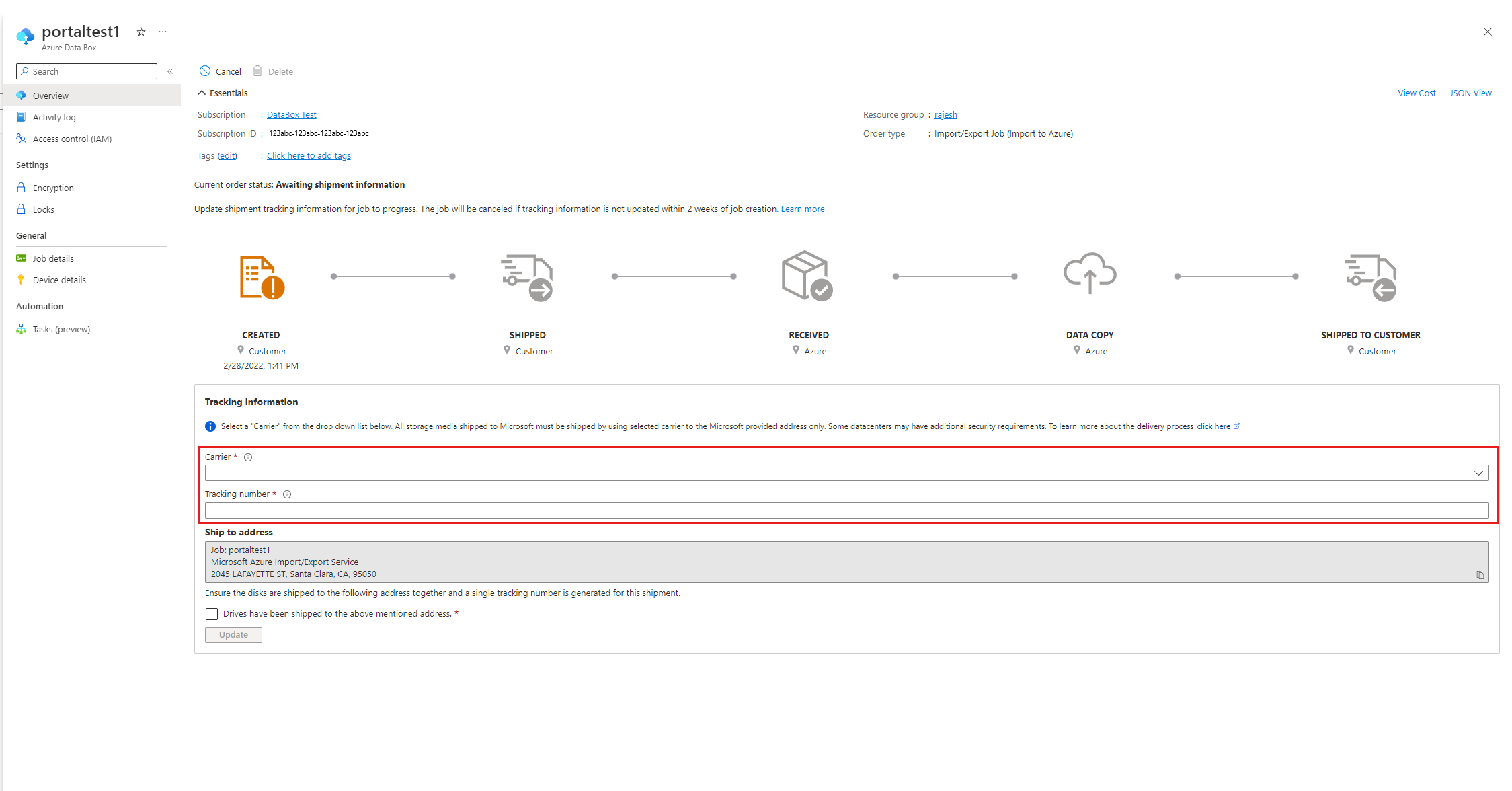 Screenshot: Speichern von Versandinformationen.