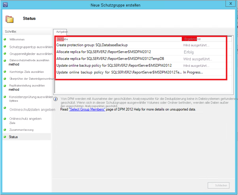 Screenshot shows the progress of the protection group creation.