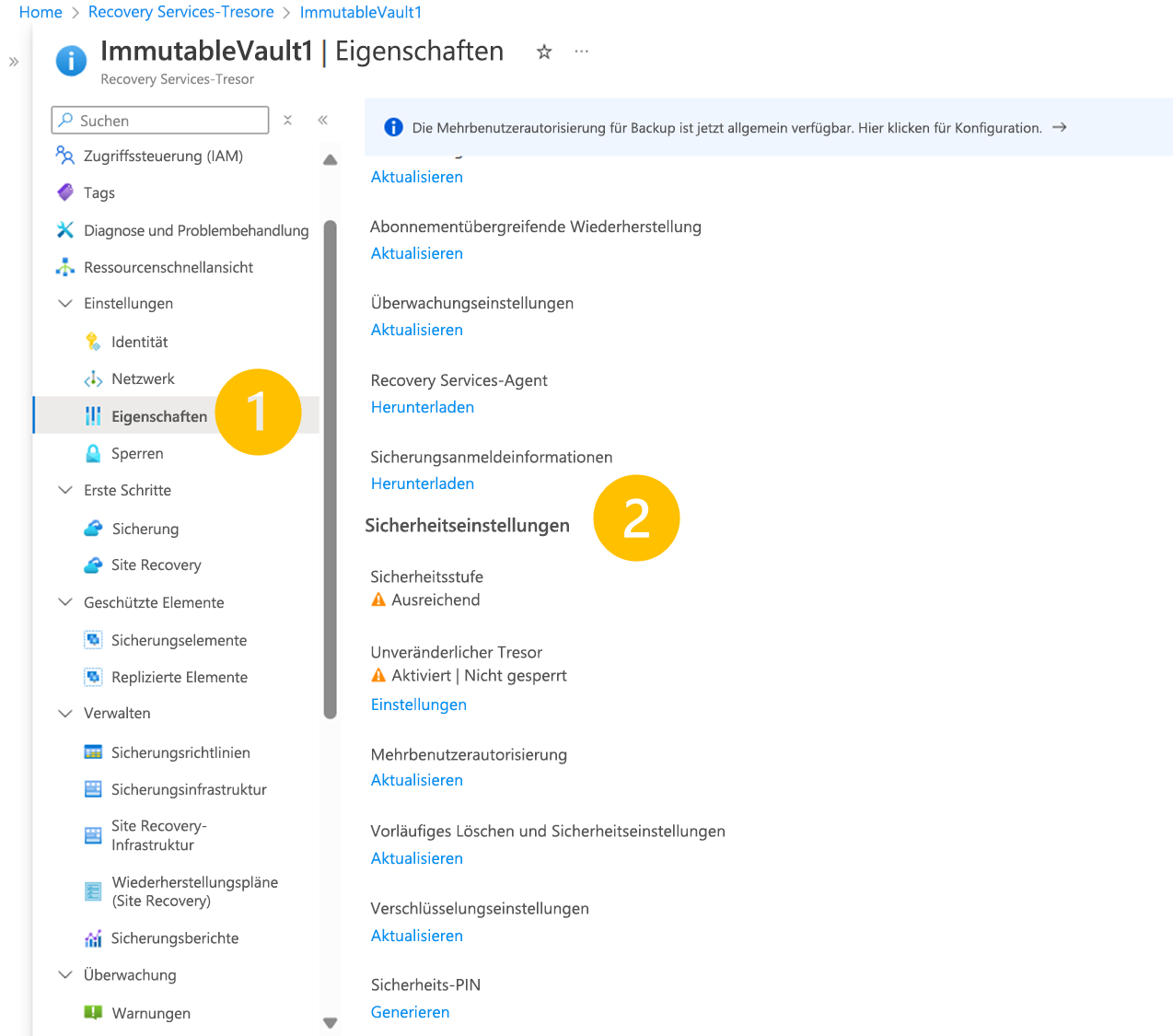 Screenshot: Öffnen der zu deaktivierenden Einstellungen für den unveränderlichen Tresor