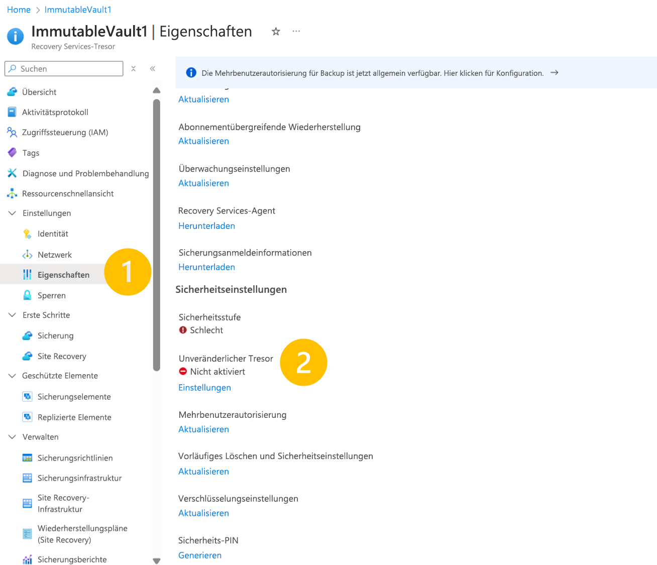 Screenshot: Öffnen der Einstellungen für den unveränderlichen Tresor