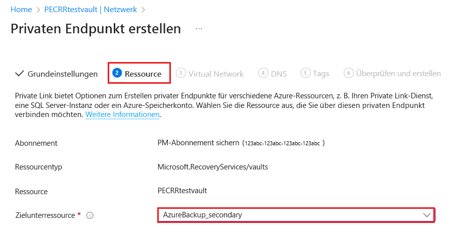 Screenshot, der zeigt, wie Sie die Unterressource als „AzureBackup_Secondary“ auswählen.