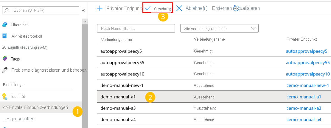 Screenshot, der zeigt, wie ein private Endpunkt ausgewählt und genehmigt wird.