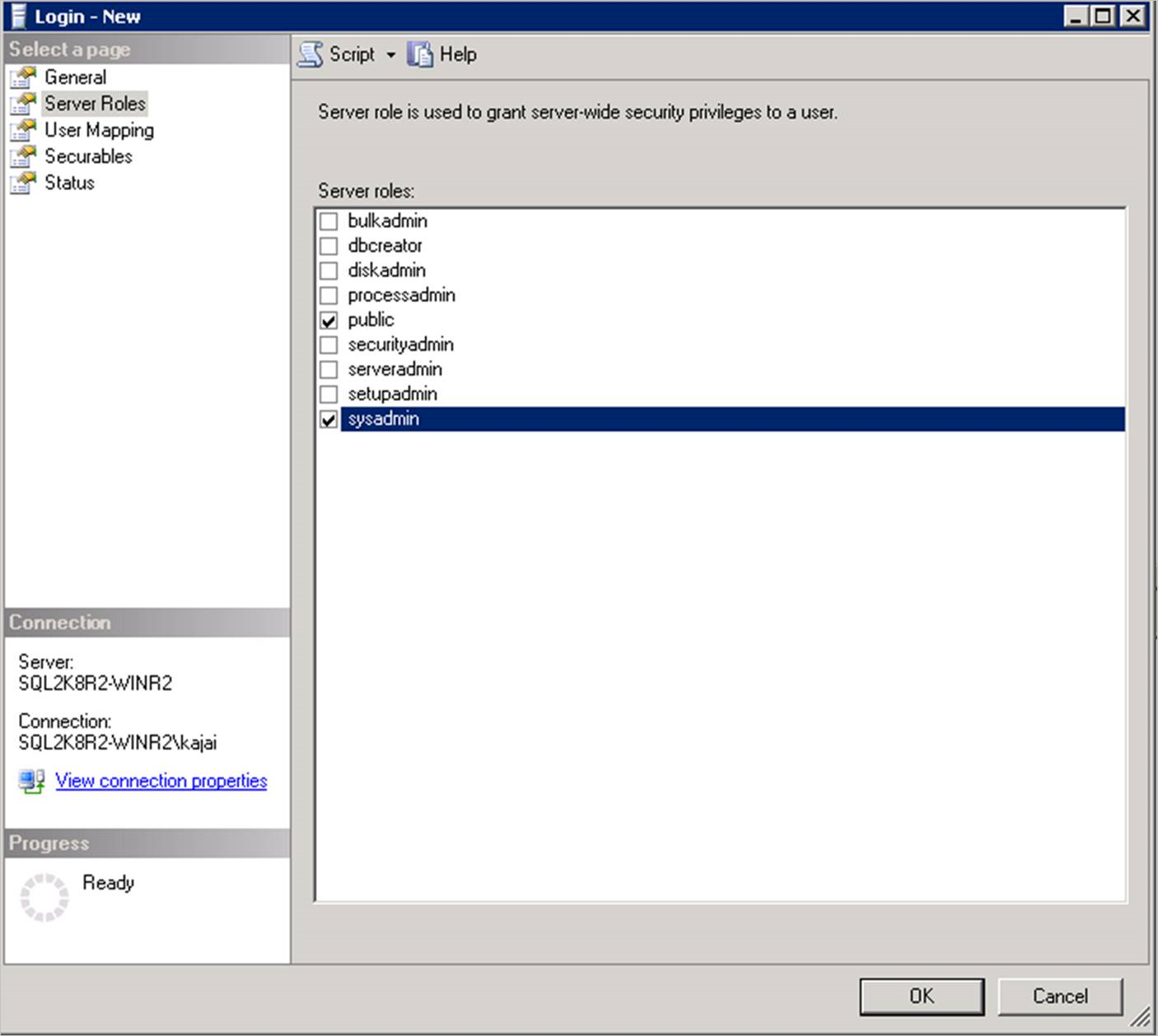 Auswählen von Rollen in SSMS