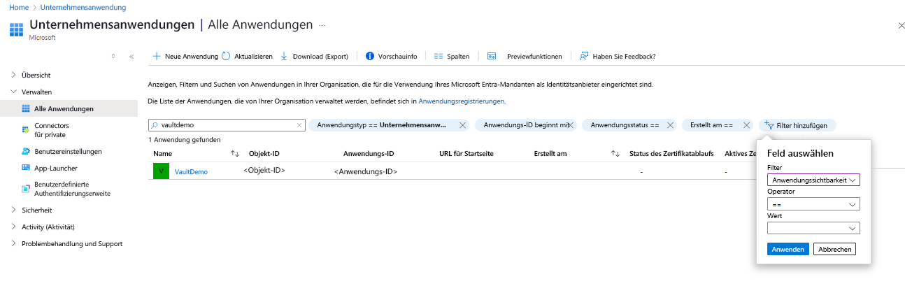 Screenshot: Prozess zum Kopieren der Anwendungs-ID des Tresors