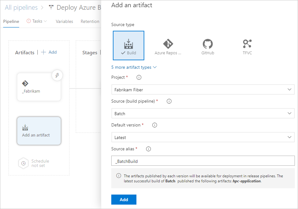 Der Screenshot zeigt einen Artefaktlink zum hpc-application-Paket in der Buildpipeline.