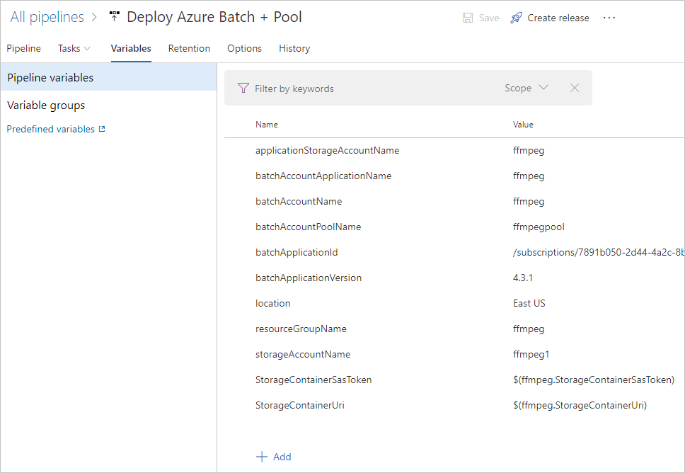 Screenshot der Variablen, die für das Azure Pipelines-Release festgelegt werden.