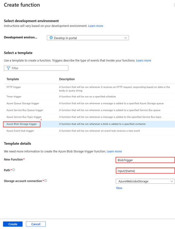 Screenshot des Bereichs „Funktion erstellen“, in dem die Option „Azure Blob Storage-Trigger“ sowie die Felder „Neue Funktion“ und „Pfad“ hervorgehoben sind.