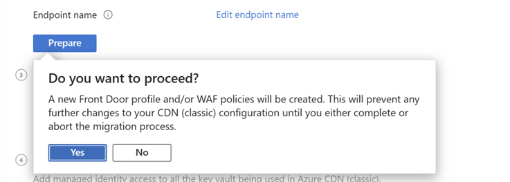 Screenshot: Schaltfläche „Vorbereiten“ und Bestätigungsmeldung zum Fortsetzen der Front Door-Migration