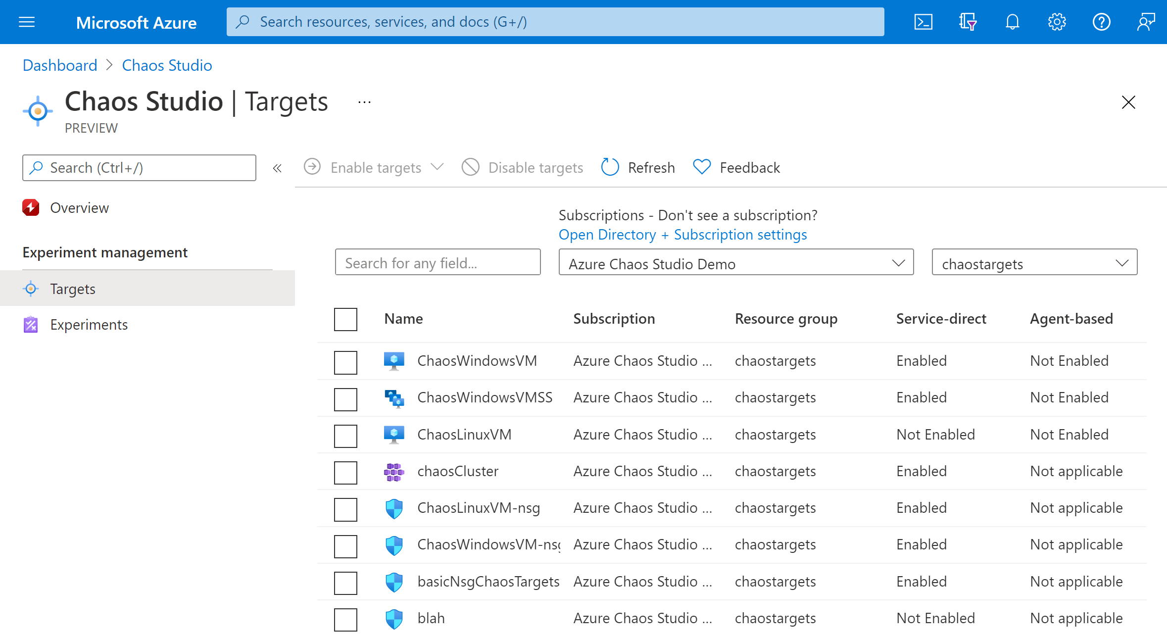 Screenshot der Ansicht „Ziele“ im Azure-Portal.