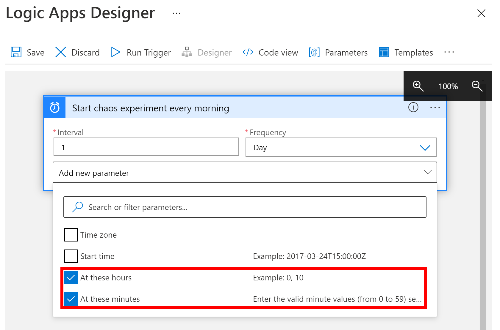 Der Screenshot zeigt die geöffnete Liste Neue Parameter hinzufügen und diese ausgewählten Eigenschaften: An diesen Tagen, Zu diesen Stunden und Zu diesen Minuten.