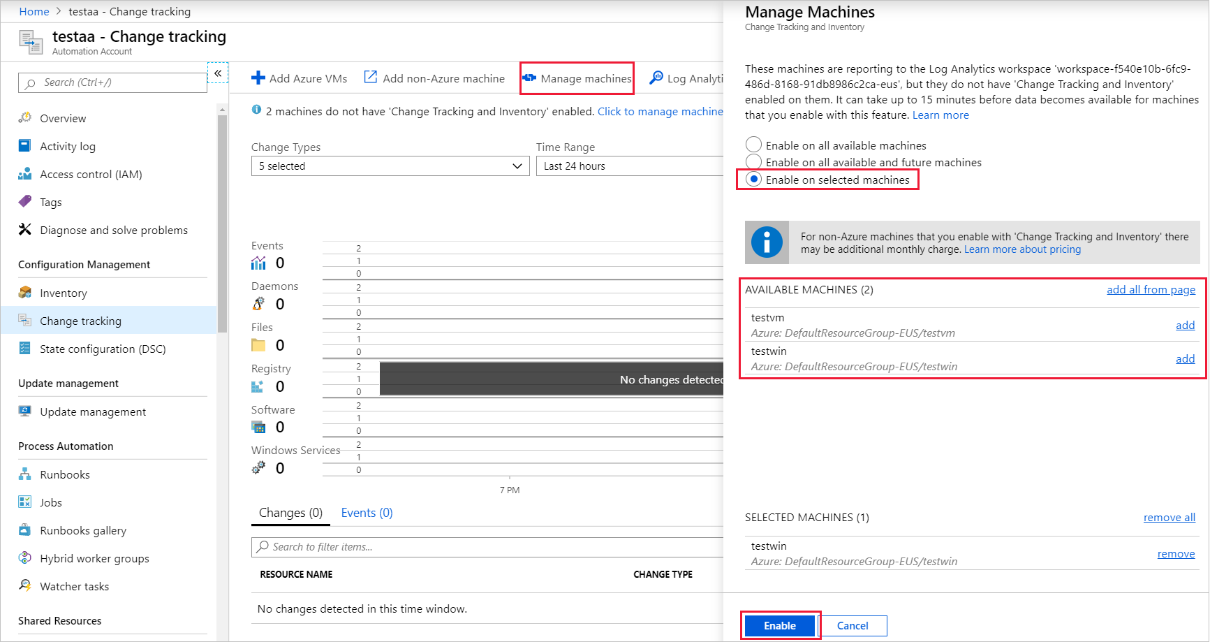 Screenshot of Change Tracking in the Azure portal