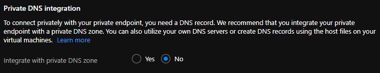 Screenshot, in dem die Option für die Integration in eine private DNS-Zone im Azure-Portal deaktiviert ist.